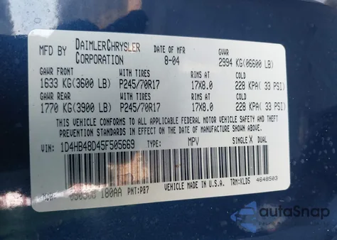 2005 Dodge Durango Slt z USA, uszkodzony, nr VIN 1D4HB48D45F505669